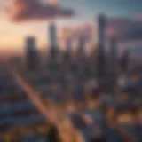 A panoramic view of a vibrant city skyline showcasing affordable housing options