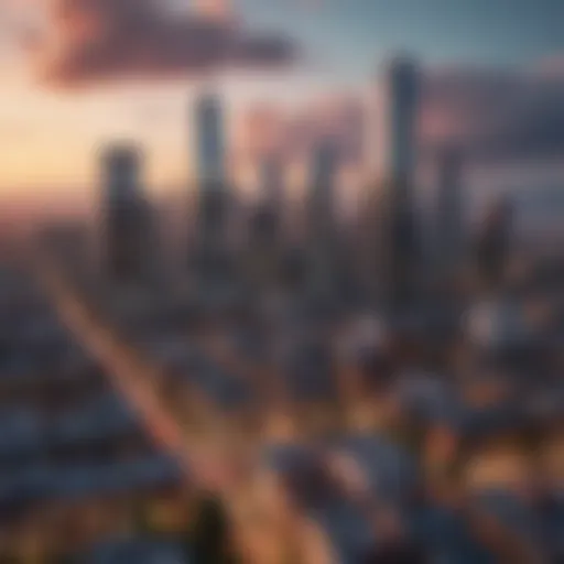 A panoramic view of a vibrant city skyline showcasing affordable housing options