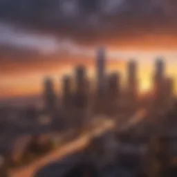 Stunning view of downtown Los Angeles skyline at sunset