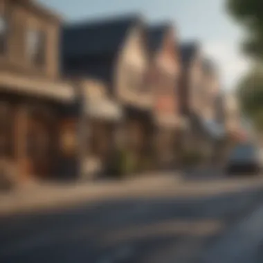 A scenic view of a small town with shops and cafes lining the streets.