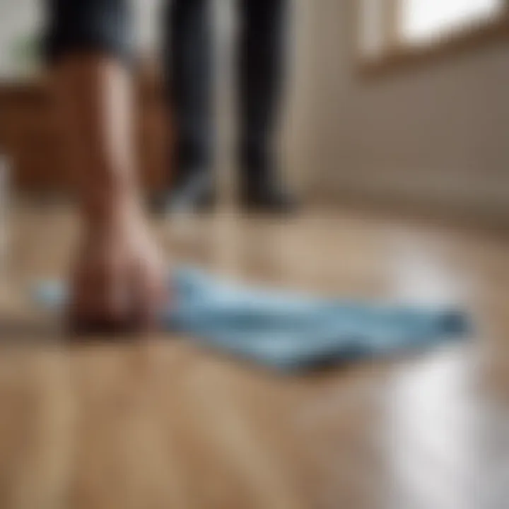 Person using a microfiber cloth to clean laminate flooring