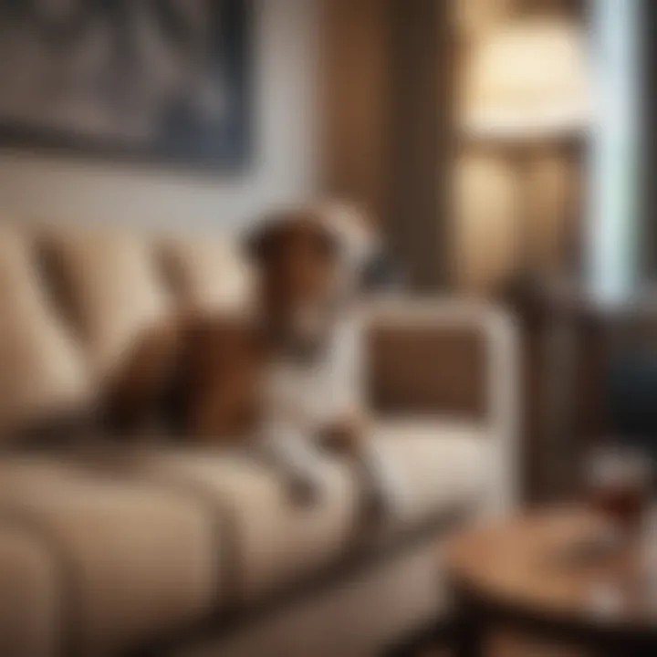 A pet sitting on a couch, highlighting potential stains