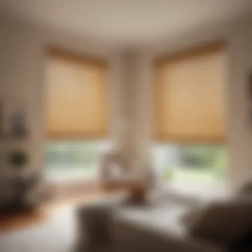 A pristine room featuring clean fabric blinds.