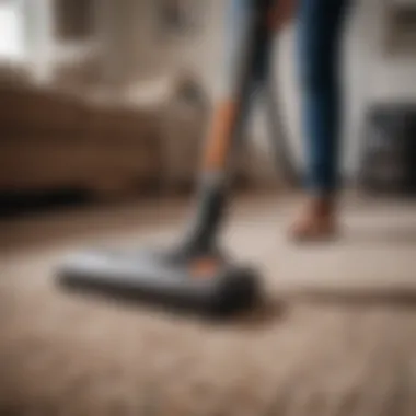 Close-up of a person using a vacuum on a textured rug