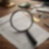 A magnifying glass over rental application documents, symbolizing thorough examination.