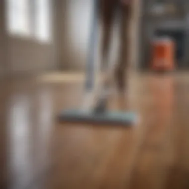 Demonstration of a laminate floor being expertly cleaned with a microfiber mop.