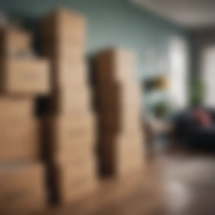 Boxes neatly packed and labeled in a vibrant, modern apartment