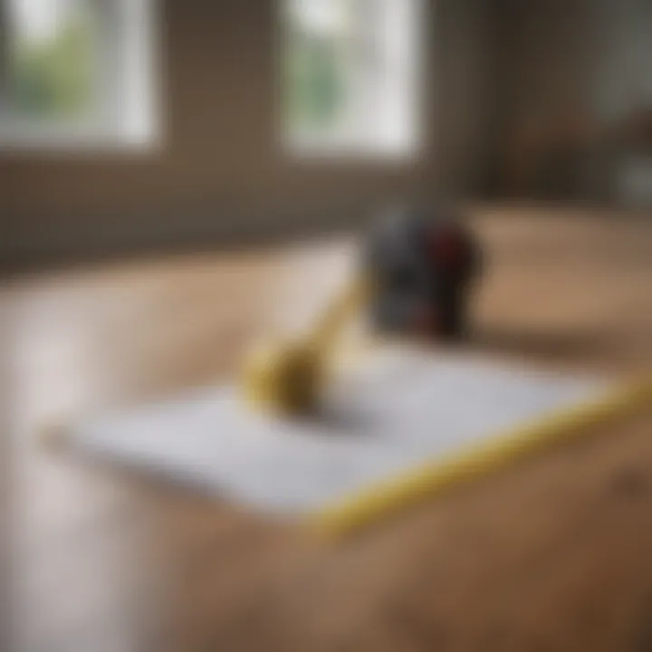 Measuring tape laid across a room's dimensions with a notepad.