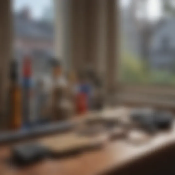 Tools and supplies for window cleaning organized neatly on a surface