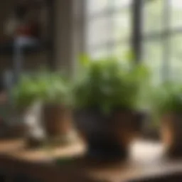 A vibrant indoor herb garden featuring basil, mint, and thyme