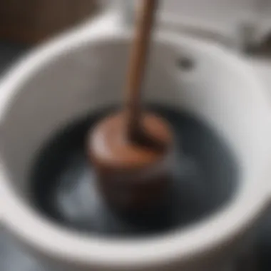 A plunger in action, creating a seal in a toilet bowl