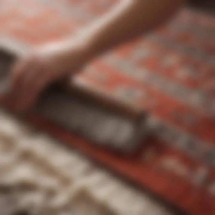 A close-up of an area rug being gently brushed