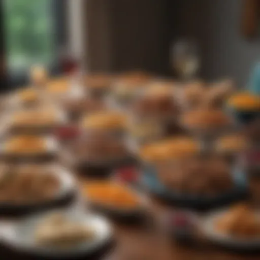 A vibrant spread of gourmet snacks arranged on a beautifully set table, inviting friends to gather around.