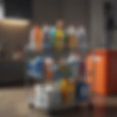 Organized Cleaning Supplies A meticulously organized cleaning supplies cart