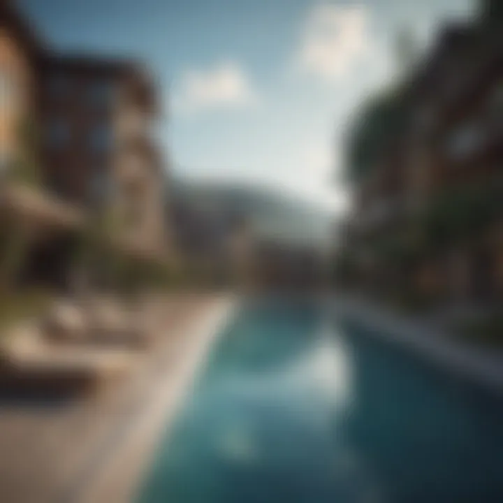 Community amenities in an apartment complex, including a pool and lounge area