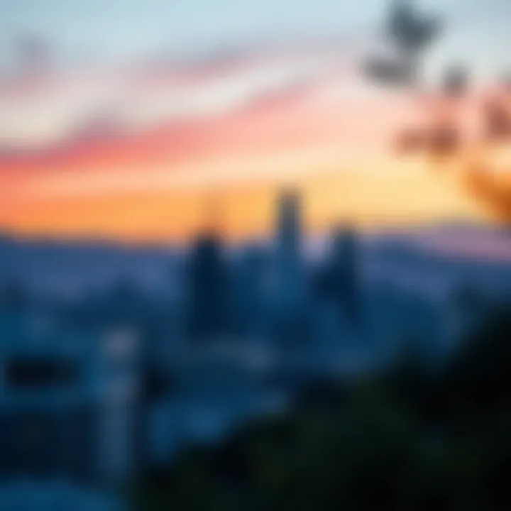 A panoramic view of San Francisco's skyline at sunset, showcasing unique architecture