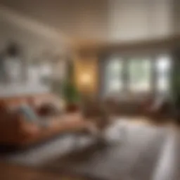 A cozy living room in a shared house featuring diverse decorations and communal spaces.