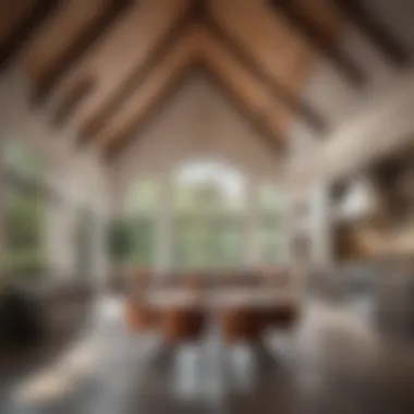 Open Concept Kitchen and Dining with Vaulted Design Open concept kitchen and dining area with a modern vaulted ceiling