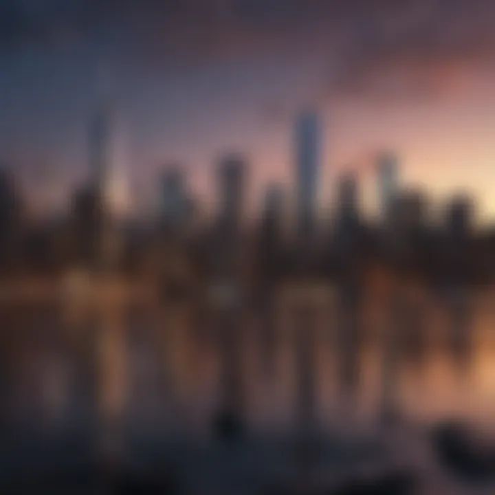 The iconic skyline of Manhattan highlighted during sunset