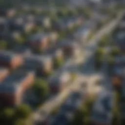 Aerial view of a vibrant urban neighborhood in Washington D.C. with bustling streets and modern architecture.