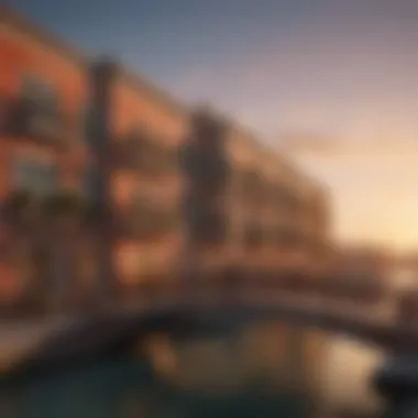 A stunning view of Venetian bridge apartments against the backdrop of a sunset.