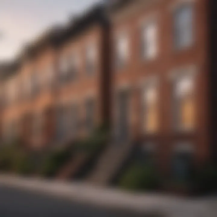 A scenic view of row houses at sunset, highlighting their architectural beauty.