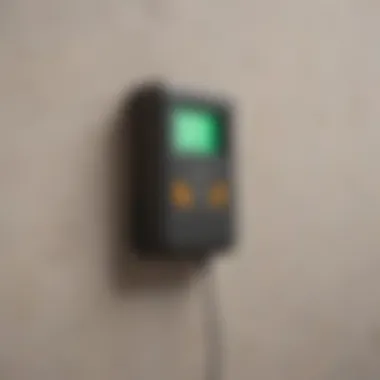 Using an electronic stud finder tool on a wall
