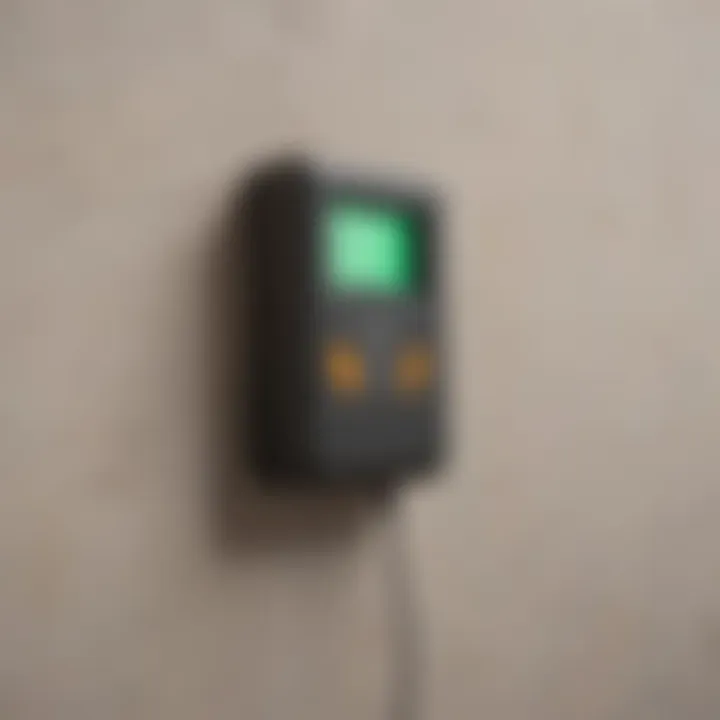 Using an electronic stud finder tool on a wall