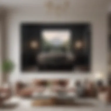 Elegant living room showcasing a large picture hung on the wall