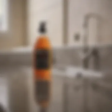 A bottle of natural drain cleaner on a bathroom countertop