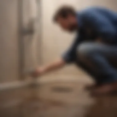 A professional plumber inspecting a shower drain system