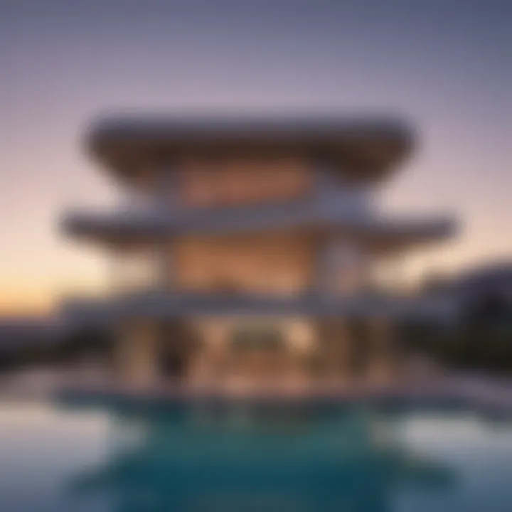 A panoramic view of iconic Los Angeles architecture against a sunset sky