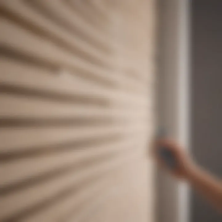 Close-up of a person cleaning fabric blinds with a microfiber cloth