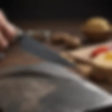 Close-up of a knife blade against a whetstone