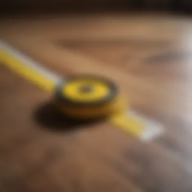 A close-up of a measuring tape laid out on a wooden floor.