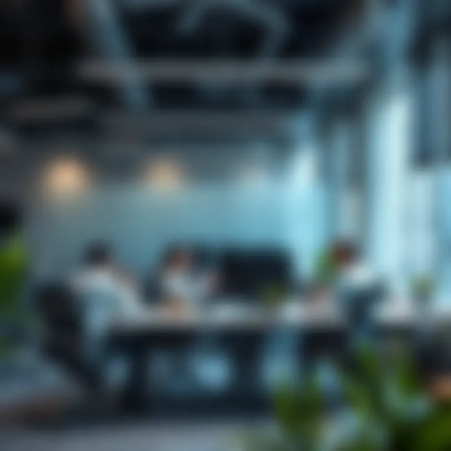 A modern office environment showcasing real estate professionals in action.