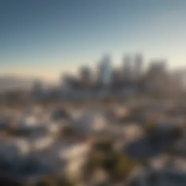 A panoramic view of a Los Angeles skyline with distinct architectural styles.