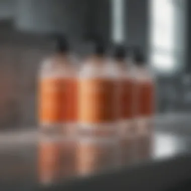 Chemical unblockers lined up on a bathroom counter