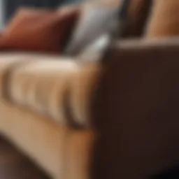 Close-up of a velvet sofa being cleaned with a soft brush.