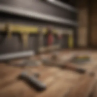 Tools for picture hanging, including a level, measuring tape, and hammer arranged neatly.