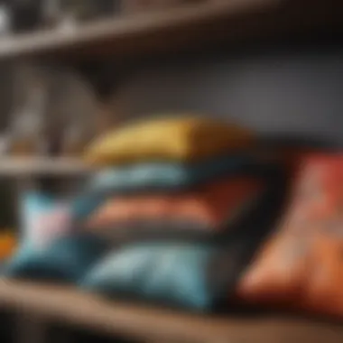 An organized shelf displaying freshly cleaned decorative pillows, highlighting their vibrant colors and textures.