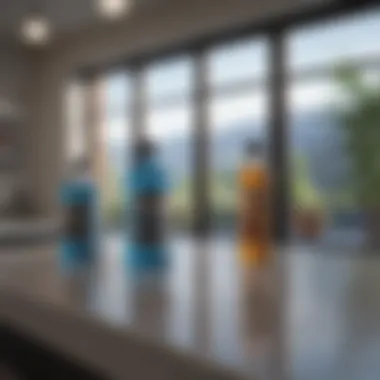 Showcasing commercial window cleaning products on a countertop