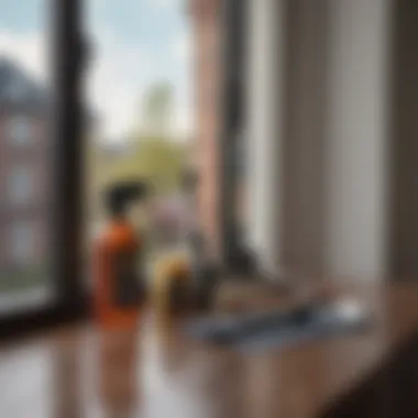 A collection of essential tools for effective window cleaning laid out neatly.