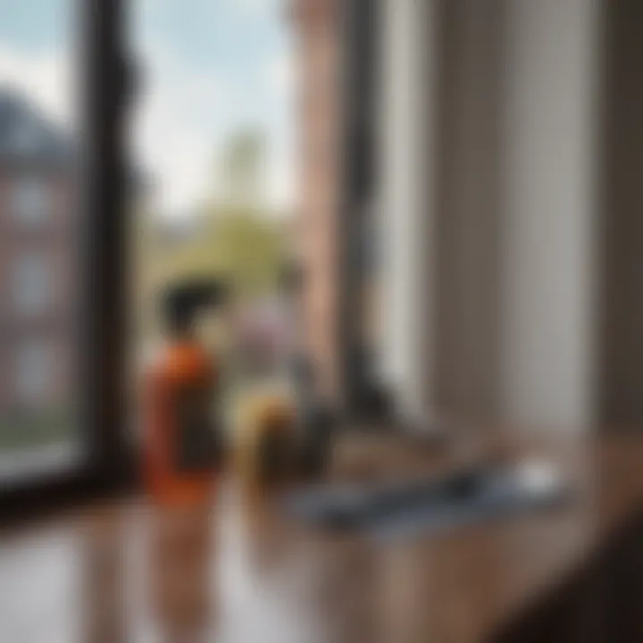 A collection of essential tools for effective window cleaning laid out neatly.