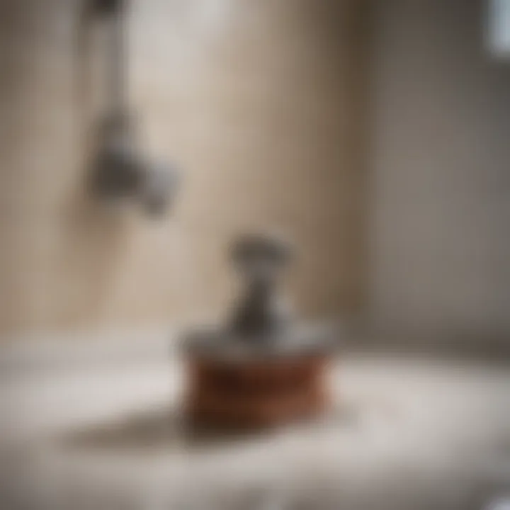 Demonstration of using a plunger on a shower tub drain
