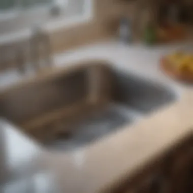 A close-up view of a kitchen sink with water pooling around the drain.