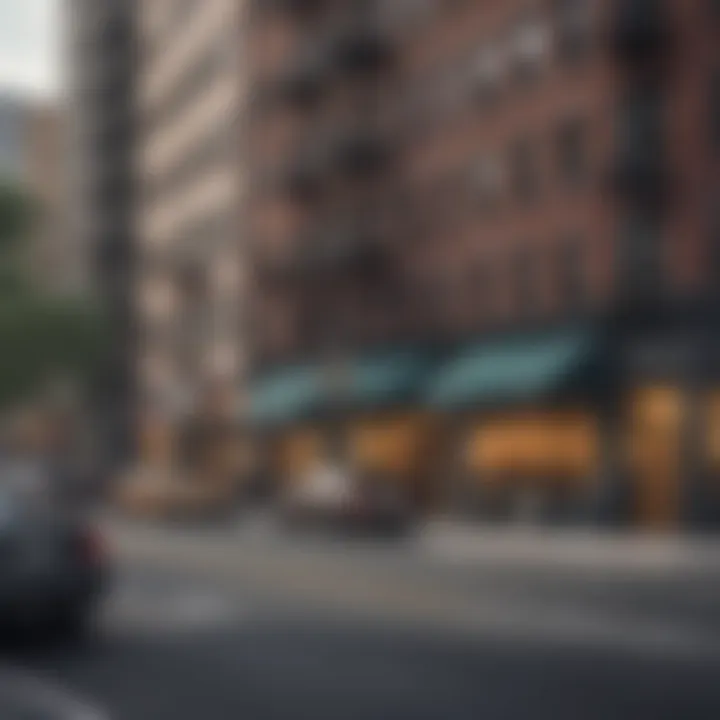 A bustling New York City street filled with apartment buildings.