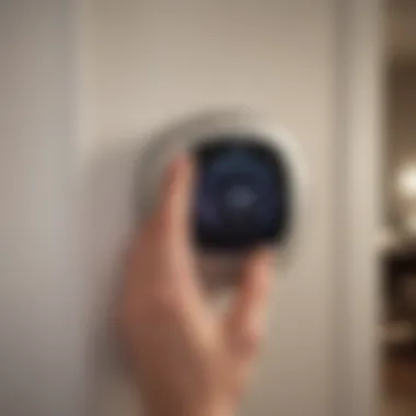 Optimizing Thermostat Settings for Efficiency A person adjusting a thermostat in a stylish apartment.