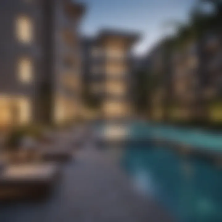 Community amenities in a condo complex, featuring a pool and lounge area