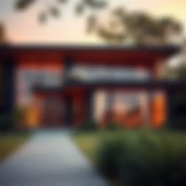 An exterior view of a Mid Century Modern home with large windows and integration with nature.